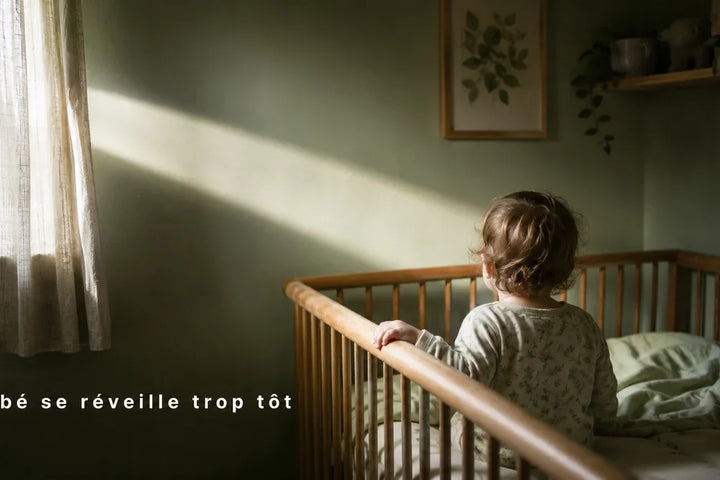 Bébé se réveille trop tôt le matin dans sa chambre à l'aube, filet de lumière du jour par la fenêtre, Tendre Veilleuse