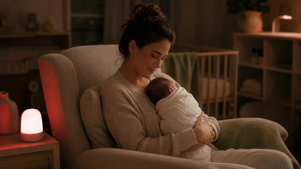 Mère avec nouveau-né la nuit sous lumière rouge douce, tétée nocturne pour soutenir la lactation