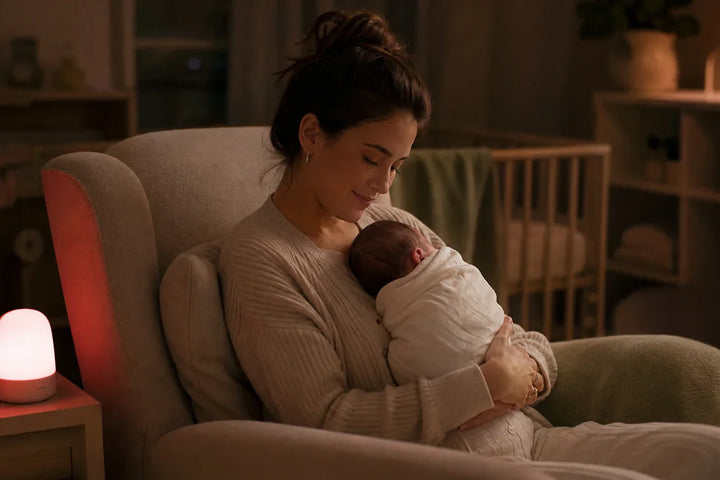 Mère avec nouveau-né la nuit sous lumière rouge douce, tétée nocturne pour soutenir la lactation