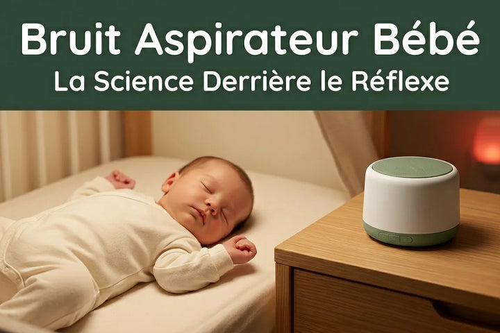 Machine à bruit blanc posée sur table de nuit en bois, bébé endormi dans une chambre douce avec veilleuse rouge — Tendre Veilleuse