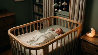 bébé endormi en sécurité dans son berceau grâce au bruit blanc, veilleuse lumière ambrée douce posée à distance, guide sommeil nourrisson Tendre Veilleuse