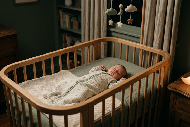 bébé endormi en sécurité dans son berceau grâce au bruit blanc, veilleuse lumière ambrée douce posée à distance, guide sommeil nourrisson Tendre Veilleuse