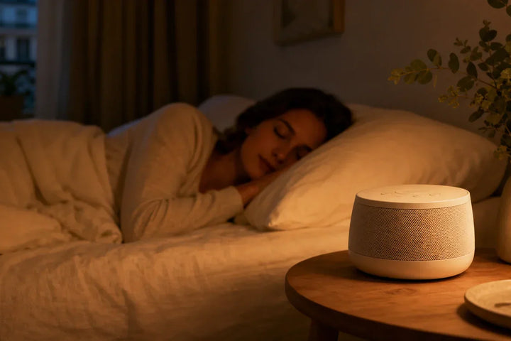 Bruit blanc pour dormir adulte avec machine à bruit blanc sur table de chevet, lumière ambrée et sommeil profond