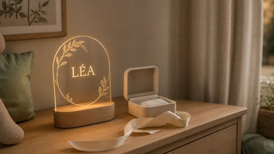 Cadeau de baptême posé dans une chambre d’enfant, veilleuse personnalisée au prénom allumée en lumière chaude, Tendre Veilleuse