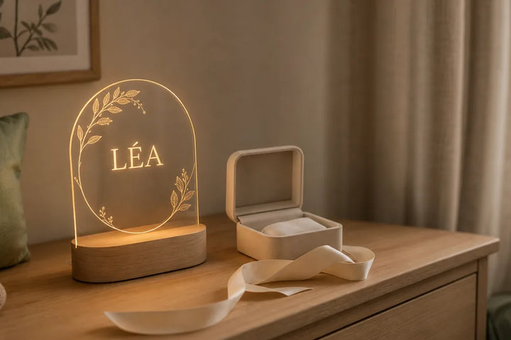 Cadeau de baptême posé dans une chambre d’enfant, veilleuse personnalisée au prénom allumée en lumière chaude, Tendre Veilleuse