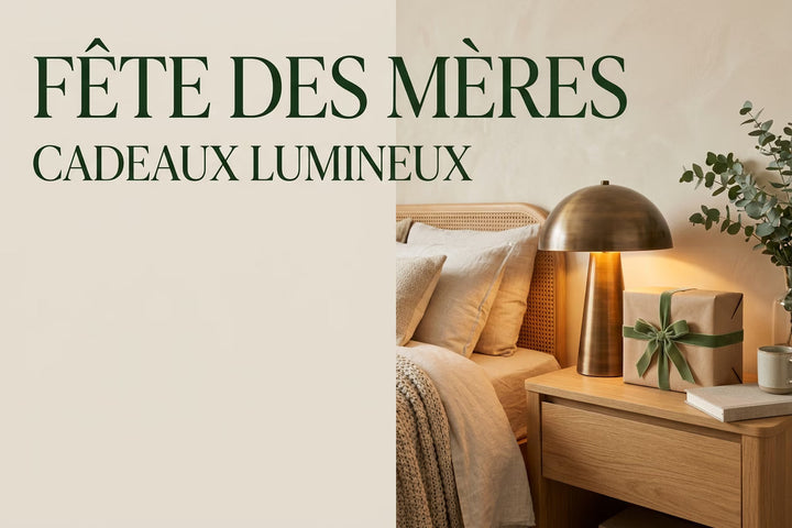 Idée cadeau fête des mères original 2026 – veilleuse champignon vintage métal lumière ambrée sur table de nuit chambre cocooning hygge