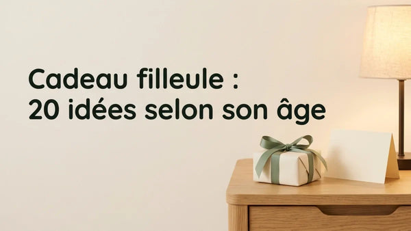 Cadeau pour sa filleule emballé d'un ruban vert sur une table de chevet en bois, lumière douce du soir — Tendre Veilleuse