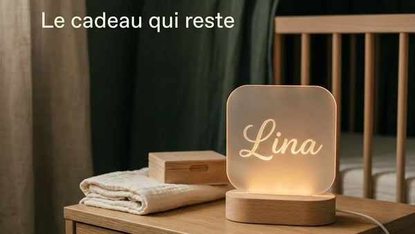 Veilleuse personnalisée au prénom gravé posée dans une chambre de bébé, cadeau de naissance d'une marraine à sa filleule — Tendre Veilleuse
