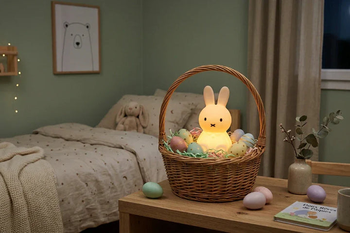 Panier de Pâques sur une table de chevet contenant une veilleuse lapin en silicone lumineux à la place du traditionnel chocolat.