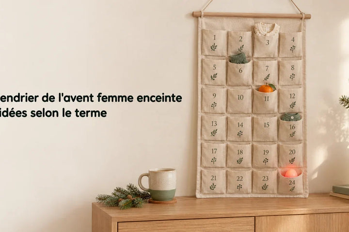 Calendrier de l'avent femme enceinte en lin, pyjama de naissance et veilleuse rouge en dernière case, Tendre Veilleuse