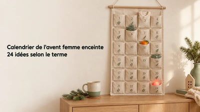 Calendrier de l'avent femme enceinte en lin, pyjama de naissance et veilleuse rouge en dernière case, Tendre Veilleuse