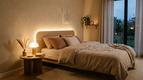Chambre aesthetic adulte avec lumière indirecte chaude et lampe champignon sur table de chevet
