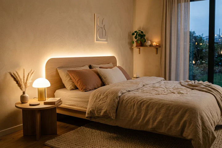 Chambre aesthetic adulte avec lumière indirecte chaude et lampe champignon sur table de chevet