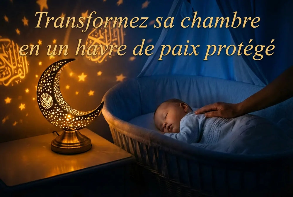 Bébé dort paisiblement dans sa chambre avec une veilleuse coranique lune et une main protectrice - Sanctuaire de Sakinah