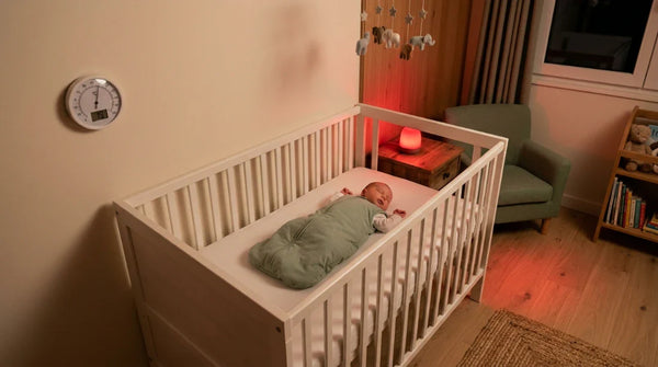 Chambre de bébé la nuit avec thermomètre indiquant 19°C, veilleuse rouge douce et bébé endormi en gigoteuse verte — Tendre Veilleuse