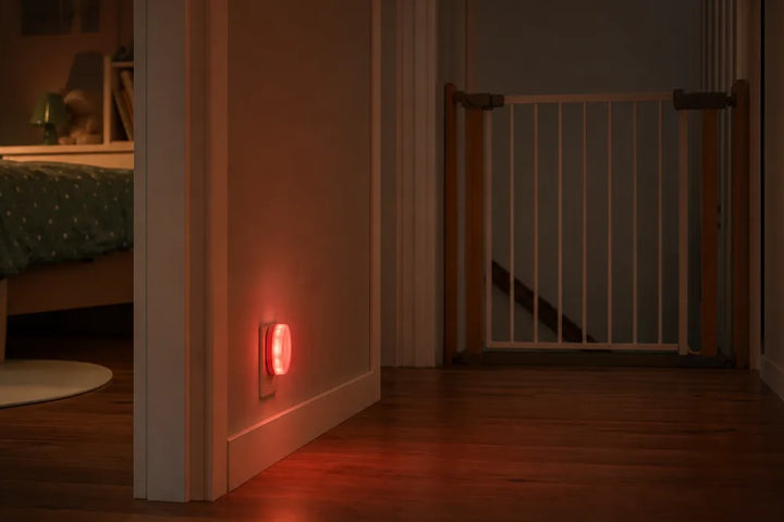 Veilleuse branchée sur une prise dans un couloir la nuit, devant la chambre d'un enfant
