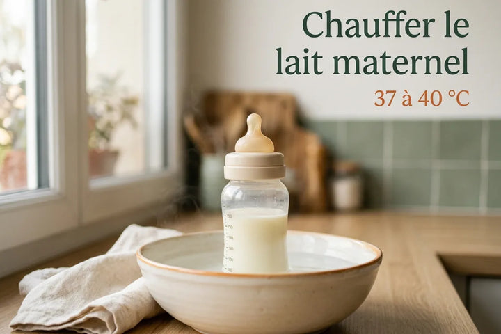 Chauffer le lait maternel au bain-marie, biberon en verre fermé plongé dans un bol d'eau chaude, Tendre Veilleuse