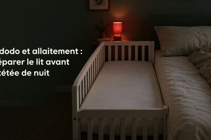 Cododo allaitement : berceau accolé au lit parental, lampe rouge basse sur la table de chevet – Tendre Veilleuse