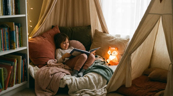 Coin lecture Montessori pour enfant de 3 à 6 ans, coussin licorne au sol et lumière tamisée, Tendre Veilleuse