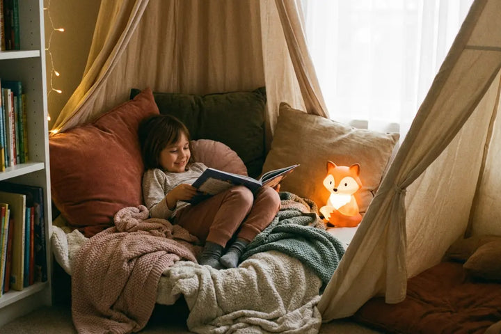 Coin lecture Montessori pour enfant de 3 à 6 ans, coussin licorne au sol et lumière tamisée, Tendre Veilleuse