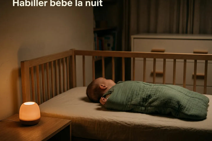 Bébé endormi sur le dos dans son lit, chambre éclairée uniquement par une veilleuse chaude de faible intensité posée sur la table de chevet