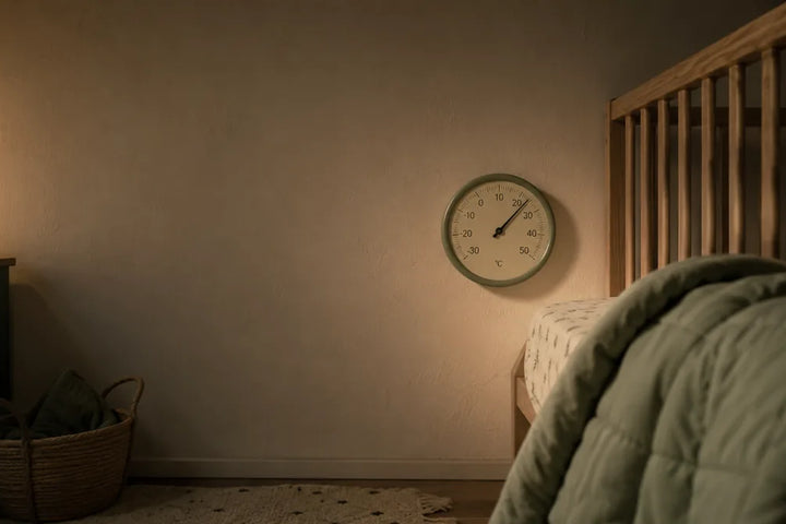 Chambre de bébé la nuit, thermomètre mural à hauteur du lit et gigoteuse sur le barreau