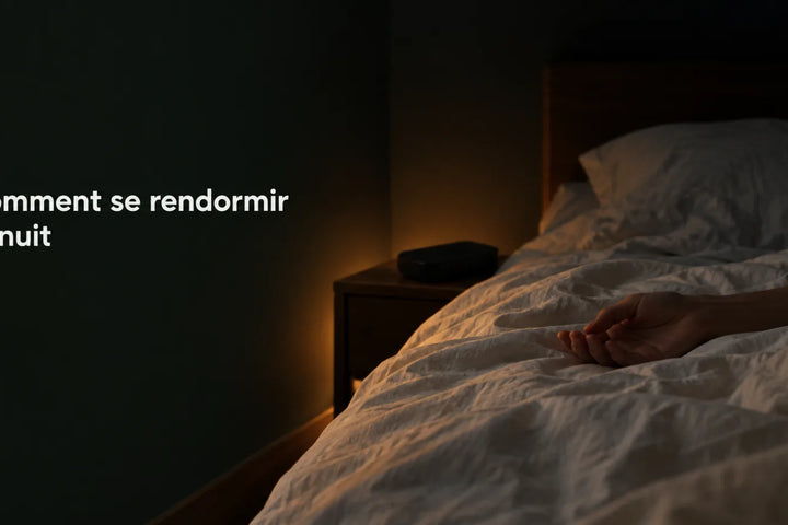Chambre la nuit, une main posée sur la couette et le réveil retourné face contre la table de chevet, éclairée par une lumière ambrée basse