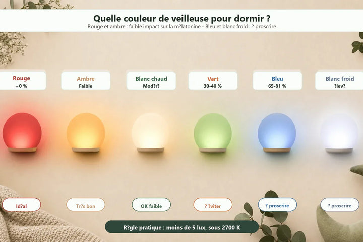 Infographie comparatif couleur veilleuse pour dormir, rouge, ambre, blanc chaud, vert, bleu et blanc froid avec impact mélatonine - Tendre Veilleuse