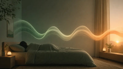 Illustration apaisante des cycles du sommeil au fil de la nuit, du sommeil profond vert au réveil doux ambré, Tendre Veilleuse