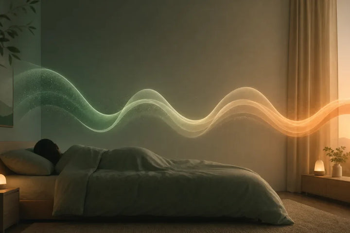 Illustration apaisante des cycles du sommeil au fil de la nuit, du sommeil profond vert au réveil doux ambré, Tendre Veilleuse