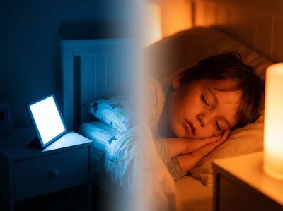 Enfant exposé à la lumière bleue artificielle d'un écran dans l'obscurité. Illustration du stress rétinien et de l'inhibition de la mélatonine.