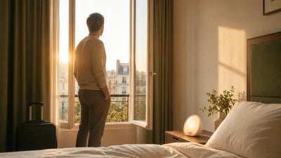 Décalage horaire : voyageur exposé à la lumière du matin dans une chambre d'hôtel, Tendre Veilleuse
