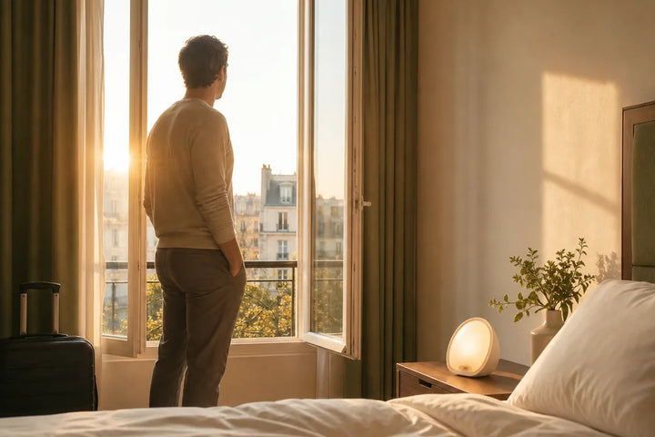 Décalage horaire : voyageur exposé à la lumière du matin dans une chambre d'hôtel, Tendre Veilleuse