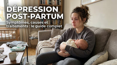 Une maman en pleurs tenant son bébé, illustrant la dépression post-partum. Guide complet pour comprendre les symptômes, les causes et les traitements de cette maladie.