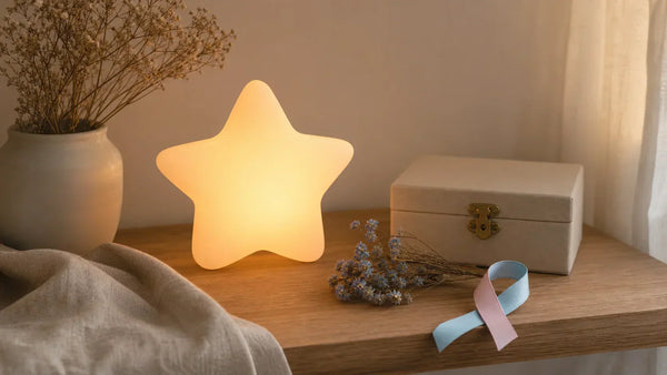 Deuil périnatal lumière du souvenir avec veilleuse étoile, ruban rose et bleu et boîte à souvenirs