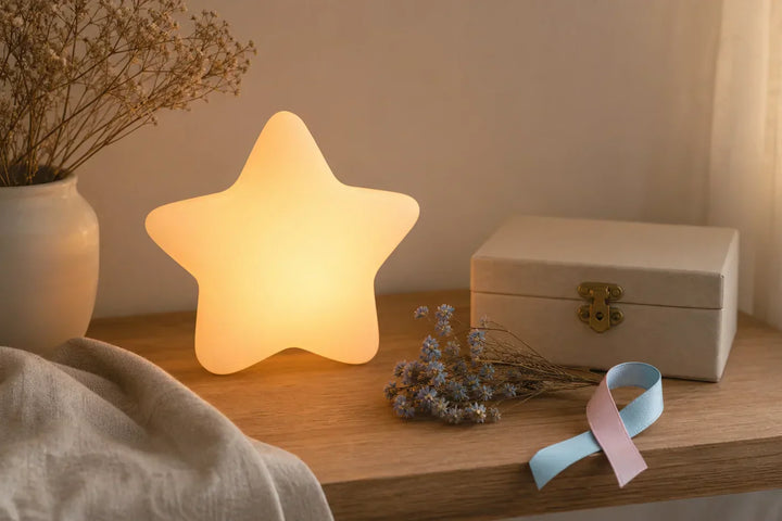 Deuil périnatal lumière du souvenir avec veilleuse étoile, ruban rose et bleu et boîte à souvenirs