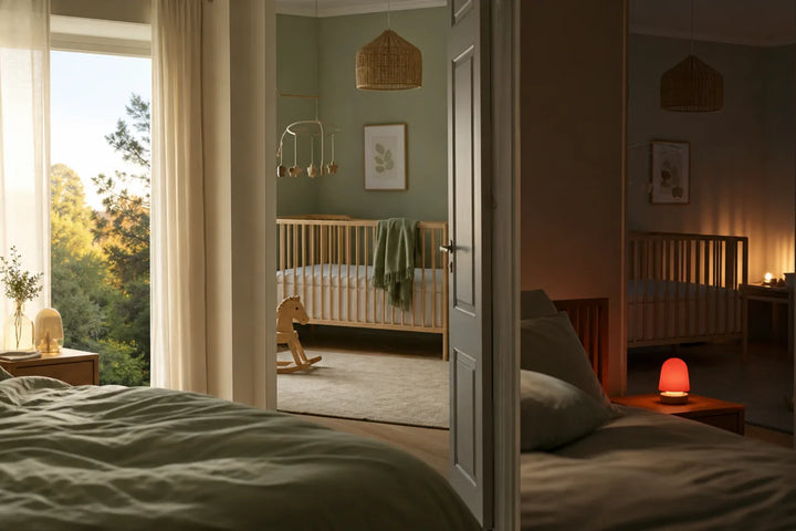 Éclairage circadien maison avec lumière du matin, ambiance chaude du soir et veilleuse rouge bébé