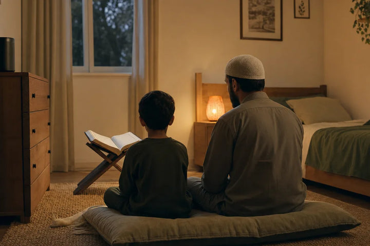 Écouter le Coran avant de dormir, parent et enfant réunis dans une chambre calme, Tendre Veilleuse