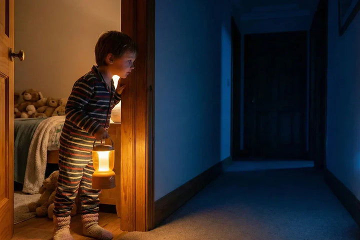 Enfant de 5 ans traversant un couloir sombre avec une veilleuse nomade pour aller aux toilettes seul. Solution naturelle contre l'énurésie secondaire (pipi au lit) causée par la peur du noir et le stress nocturne.