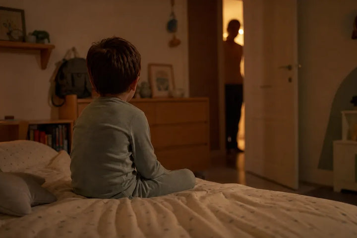 Enfant de quatre ans assis dans son lit, porte entrouverte et parent dans le couloir éclairé, Tendre Veilleuse