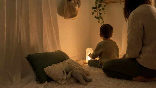 Espace Snoezelen à la maison avec lumière chaude, enfant autonome et adulte présent, Tendre Veilleuse