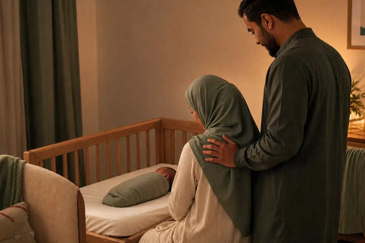 Félicitation naissance en islam, parents auprès de leur nouveau-né dans une chambre douce, Tendre Veilleuse