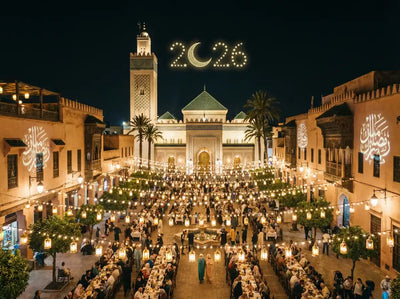Célébration nocturne du Ramadan 2026 (1447 H) avec décorations lumineuses, lanternes et grandes tablées pour un foyer empreint de Sakina.