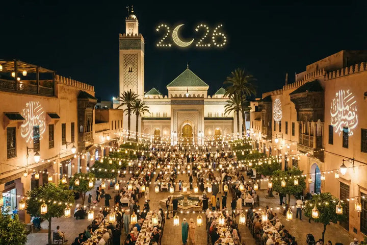 Célébration nocturne du Ramadan 2026 (1447 H) avec décorations lumineuses, lanternes et grandes tablées pour un foyer empreint de Sakina.