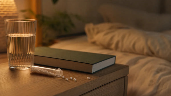 Homéopathie sommeil, tube de granules sur une table de chevet éclairée en lumière ambrée, Tendre Veilleuse