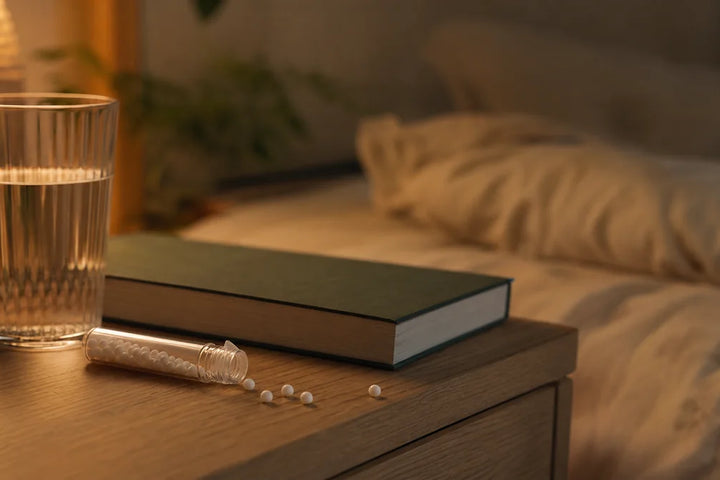 Homéopathie sommeil, tube de granules sur une table de chevet éclairée en lumière ambrée, Tendre Veilleuse