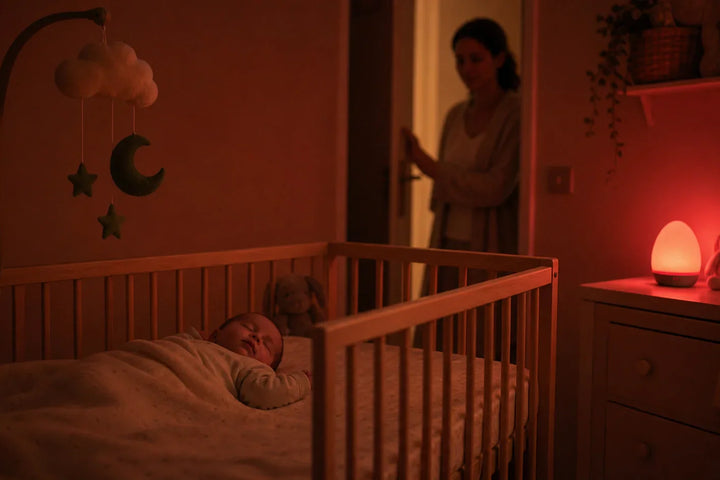 Horloge biologique bébé nourrisson endormi sous veilleuse lumière rouge supérieure à 650 nm, chambre apaisante sommeil mélatonine Tendre Veilleuse