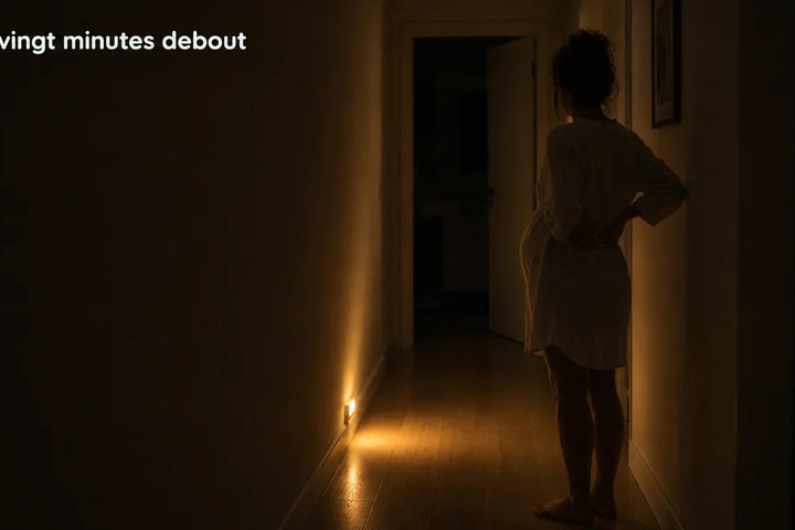 Insomnie de grossesse : femme enceinte debout la nuit dans un couloir éclairé par une lumière basse — Tendre Veilleuse