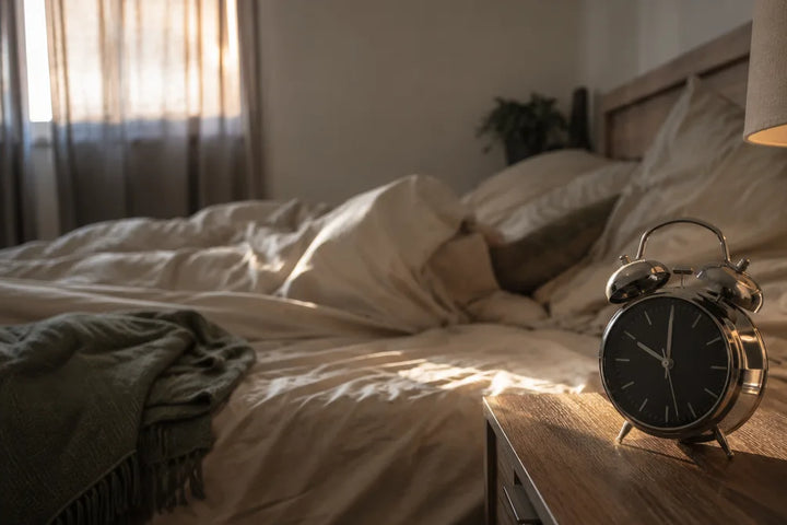 Chambre au petit matin avec un réveil analogique à double cloche posé sur une table de nuit