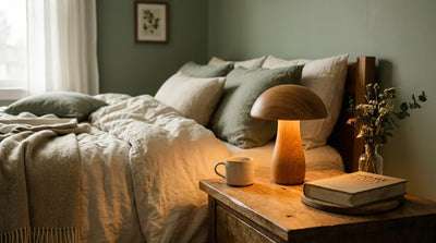 Lampe champignon en bois sur table de nuit, chambre cocooning vert sauge, lumière chaude 2700K — Tendre Veilleuse